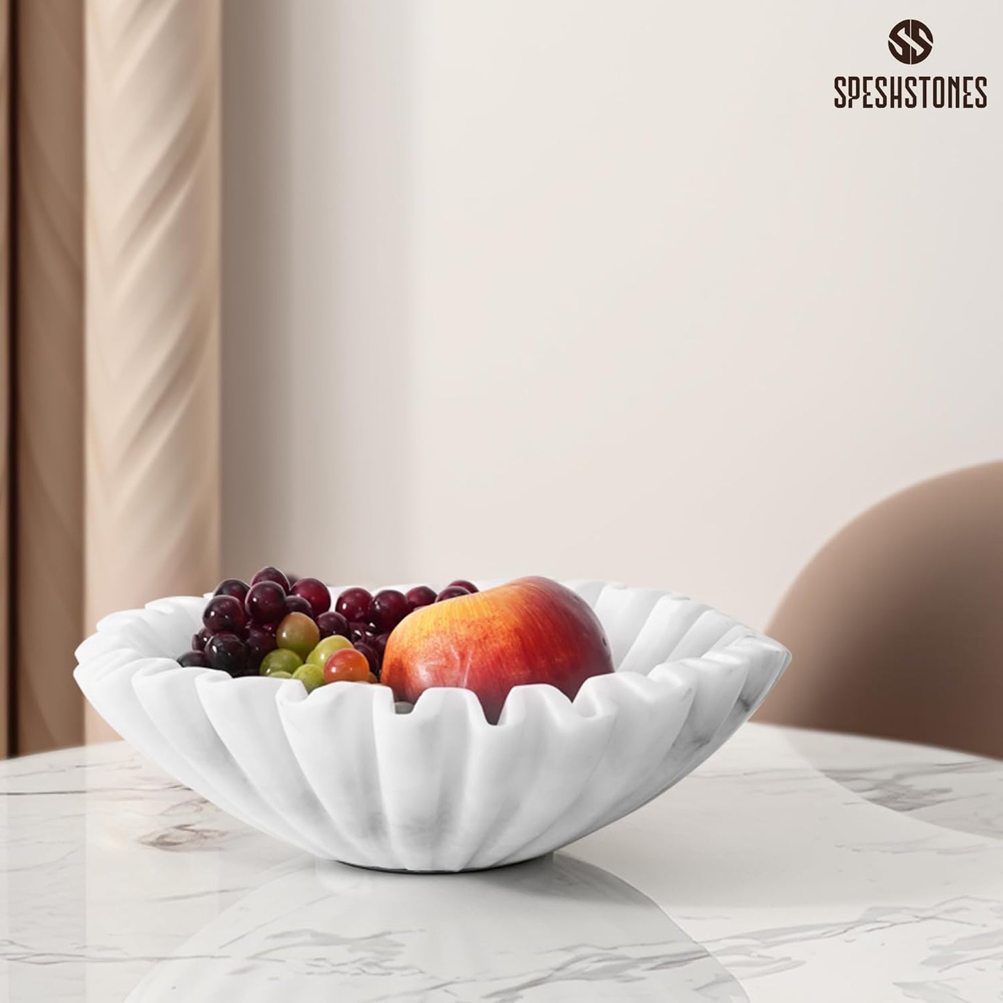 Marble Decorative Bowl 10 Inch Handmade White Fruit Bowl for Kitchen Counter - Large Ruffle & Scalloped Bowls for Dining, Coffee Table Centerpieces & Home Decor