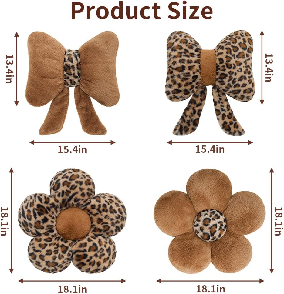 Leopard Print Bow Throw Pillows Cute Flower Plush Pillow Stuffed Bow Backrest Cushion Home & Car Decoration（2 Pack）