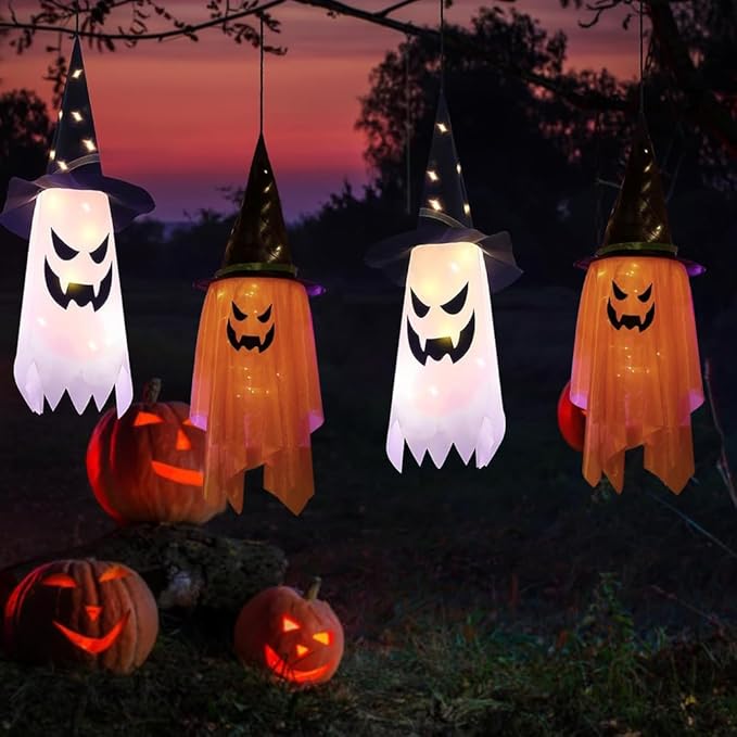 2PCS Hanging Lighted Glowing Ghost Witch Hat - 38 inch Length LED Decorations for Indoor/Outdoor Halloween Party Supplies