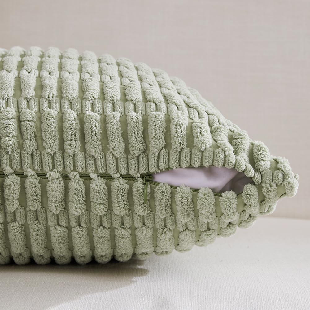 Fancy Homi 4 Packs Sage Green Decorative Throw Pillow Covers 26x26 Inch for Living Room Couch Bed Sofa, Rustic Farmhouse Boho Home Decor Soft Plush Striped Corduroy Square Cushion Case 66x66 cm