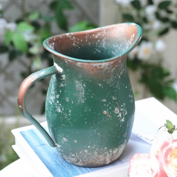 BIG FORTUNE Decorative Pitcher Vase Large Rustic Farmhouse Vase for Flowers Vintage Metal Milk Jug Vintage Decorative Pitcher Kitchen Decorations (Green)