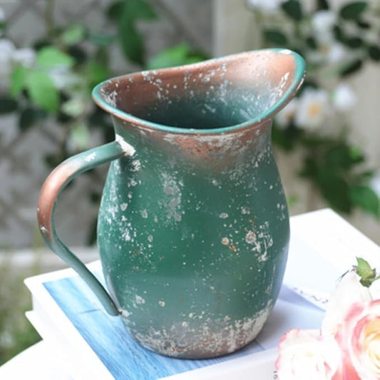 BIG FORTUNE Decorative Pitcher Vase Large Rustic Farmhouse Vase for Flowers Vintage Metal Milk Jug Vintage Decorative Pitcher Kitchen Decorations (Green)