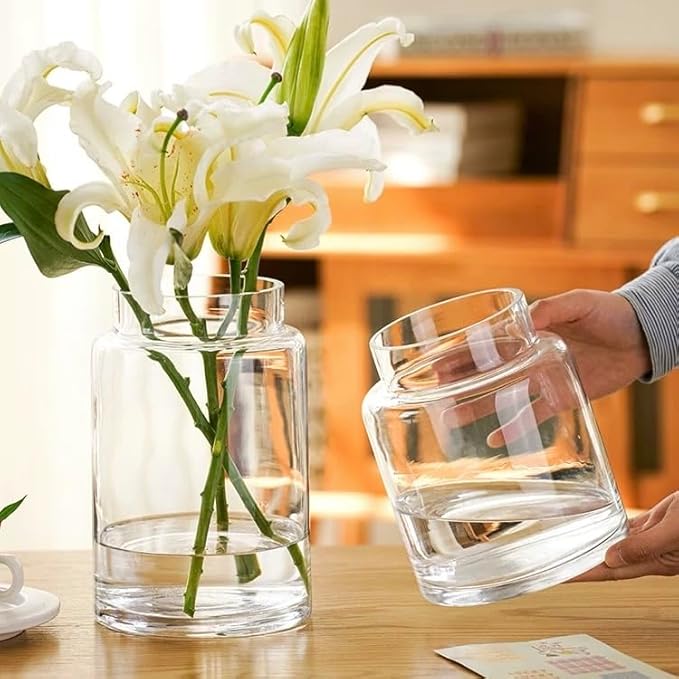 BLOFLO Clear Glass Vase, 9 Inch Large Glass Vase for Flowers, Modern Thick Glass Flower Vases for Centerpieces, Decorative Glass Cylinder Hydroponic Vase for Wedding, Home, Office (Clear, 9Inch)