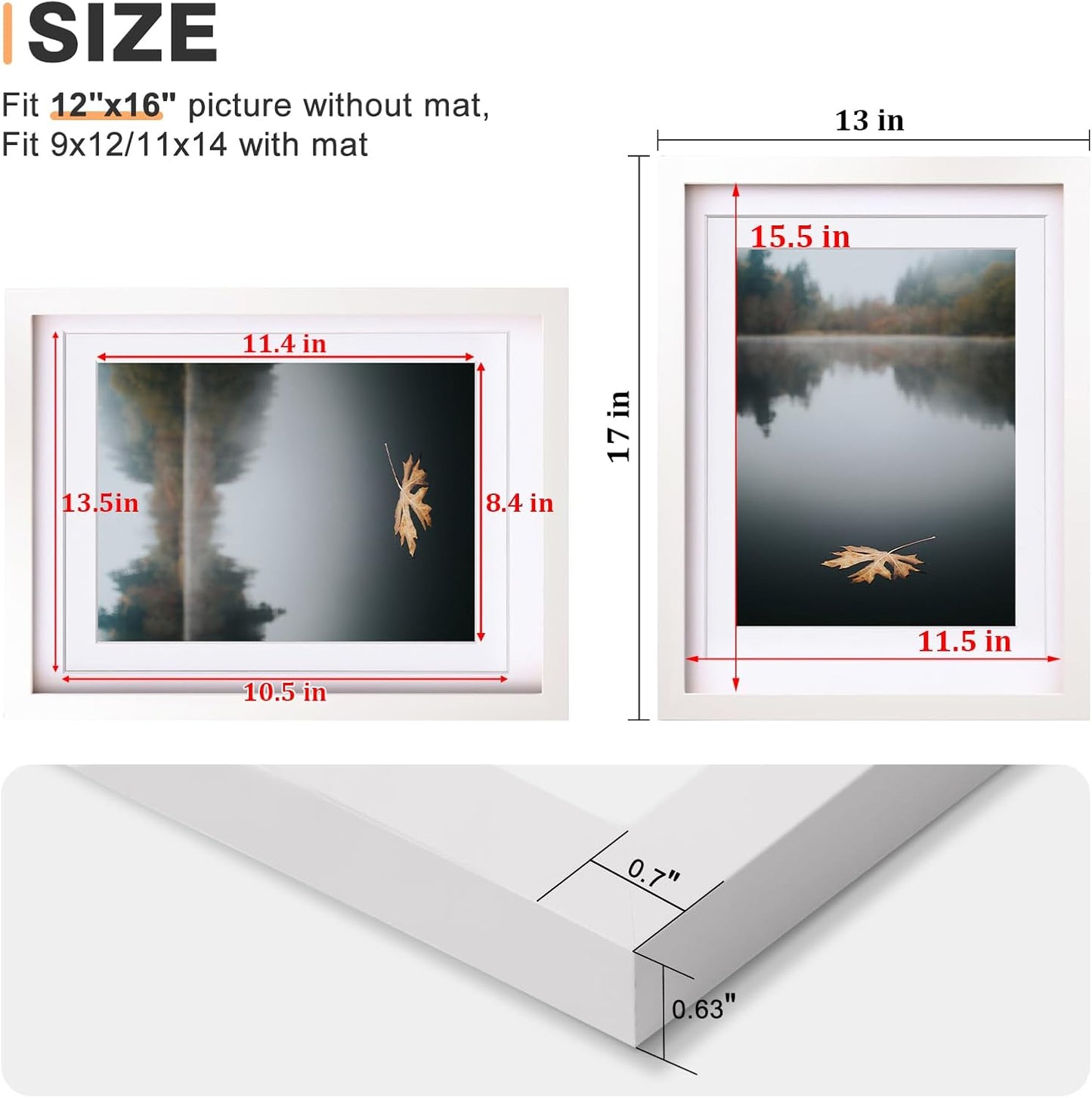 Egofine 12x16 Picture Frames Set of 4, Made of Solid Wood Covered by Plexiglass 9x12 and 11x14 with Mat or 12x16 without Mat, for Wall Mounting Photo Frame White