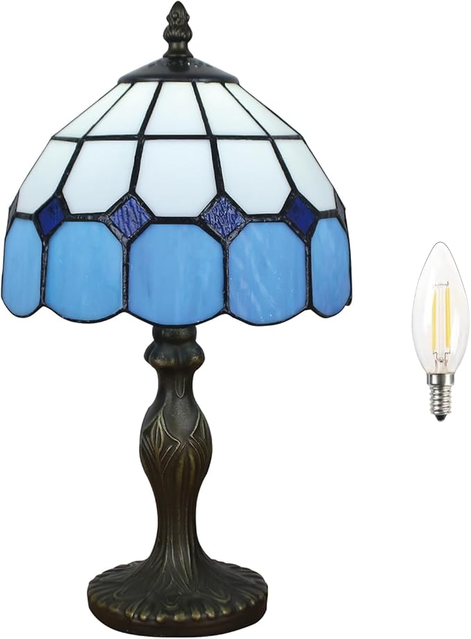 Tiffany Table Lamp 8'', Blue Tiffany Style Table Lamp for Bedroom Study Office Home Stained Glass Lamp