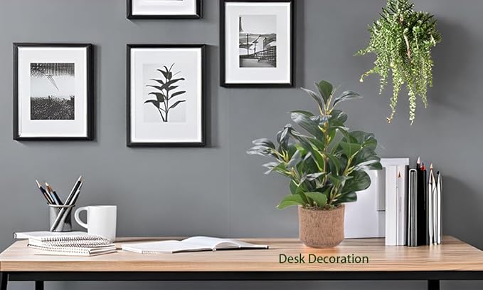 12.6" Fake Plants in Brown Ceramic Vase Real Looking and Touching Evergreen Ficus Leaf Faux Plant Indoor for Book Shelf Bathroom Office Desk Kitchen Counter Bedroom Small Space Artificial Plant Decor
