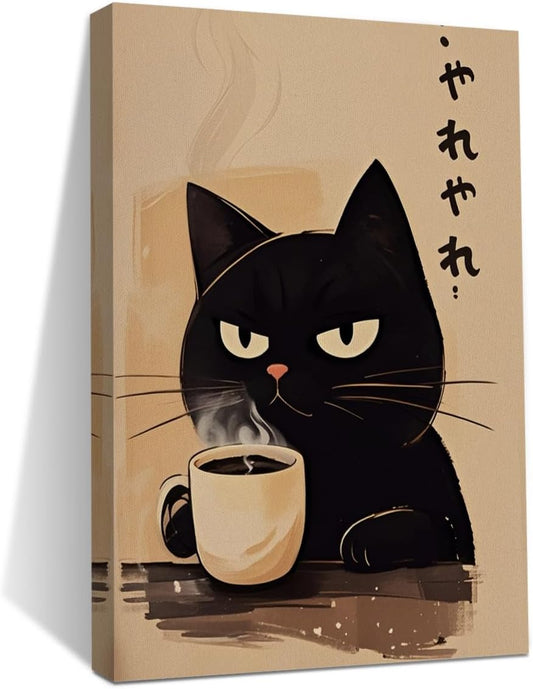Cute Cat Canvas Wall Art, Minimalist Japanese Cat Drink Coffee Canvas Wall Art, Posters Trendy paintings Aesthetic Decoration, Artwork for Walls Home Living Room Restaurant Kitchen Coffee Bar Decor