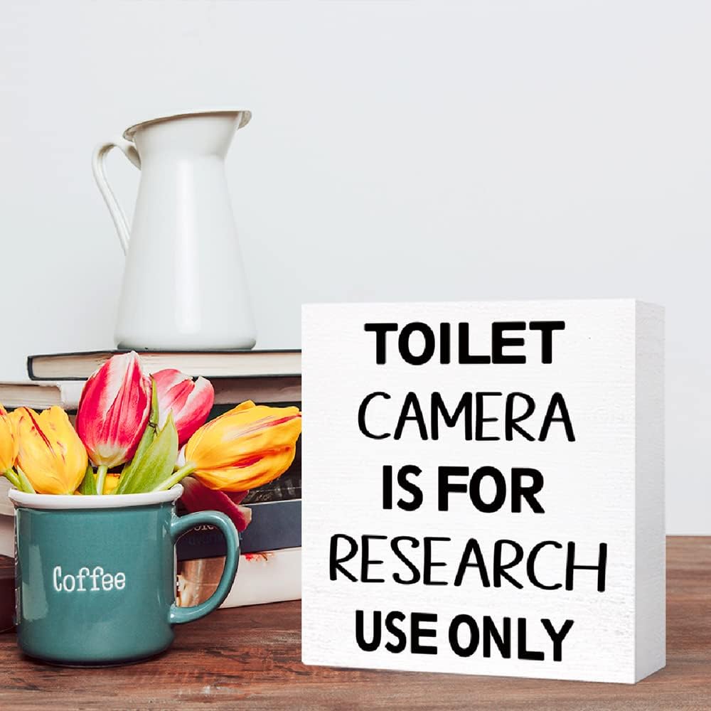 Funny Bathroom Wood Block Sign Toilet Camera is for Research Use Only Wooden Box Sign for Bathroom Shelf Toilet Restroom Tabletop Decor