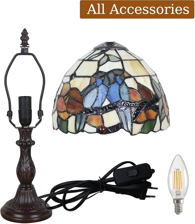 Tiffany Table Lamp 8'', Blue Hummingbird Tiffany Style Table Lamp for Bedroom Study Office Home Stained Glass Lamp