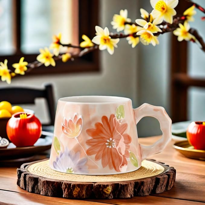 13oz ceramic mug, enlarged and thickened breakfast cup, suitable for spring, summer, autumn and winter, hand-painted cup, a personalized gift for girlfriend.