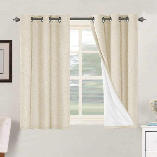 H.VERSAILTEX 100% Blackout Curtains for Bedroom Thermal Insulated Linen Textured Curtains Heat and Full Light Blocking Drapes Living Room Curtains 2 Panel Sets, 42x45 Inch, Bleached Sand