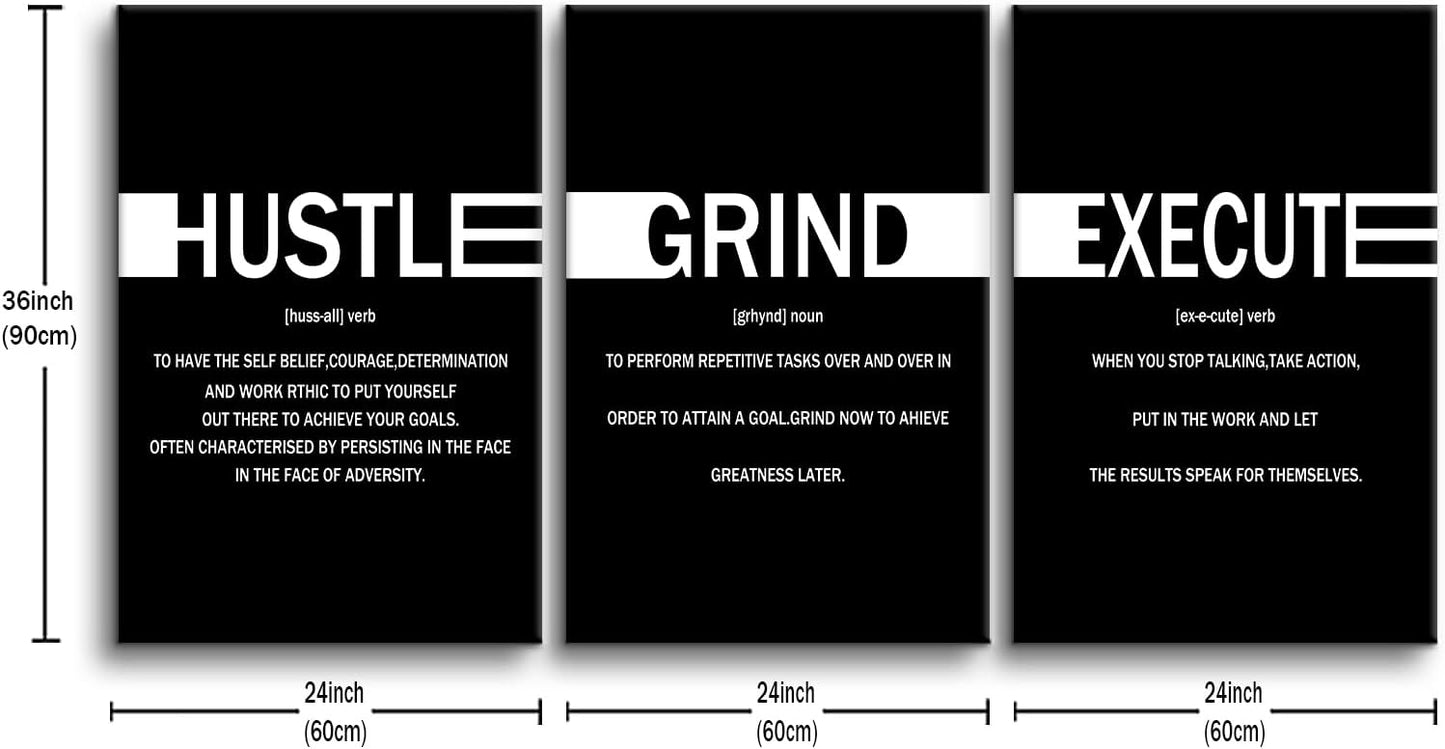Inspirational Hustle Grind Execute Positive Wall Art Entrepreneur Quotes Print Picture Modern Wooden Canvas Framed Artwork for Home Living Room Office Artwork Stretched and Framed [72''Wx36''H]