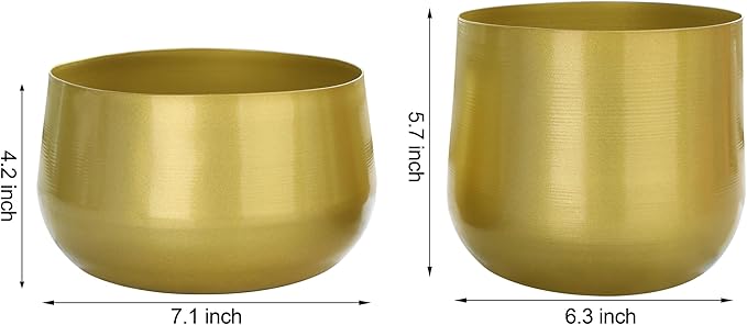 Vixdonos Gold Metal Flower Pots Brass-Toned Garden Planters, 7.1/6.3 Inch Indoor Round Succulent Containers, Pack 2 Cactus Plant Pots with Drainage Hole