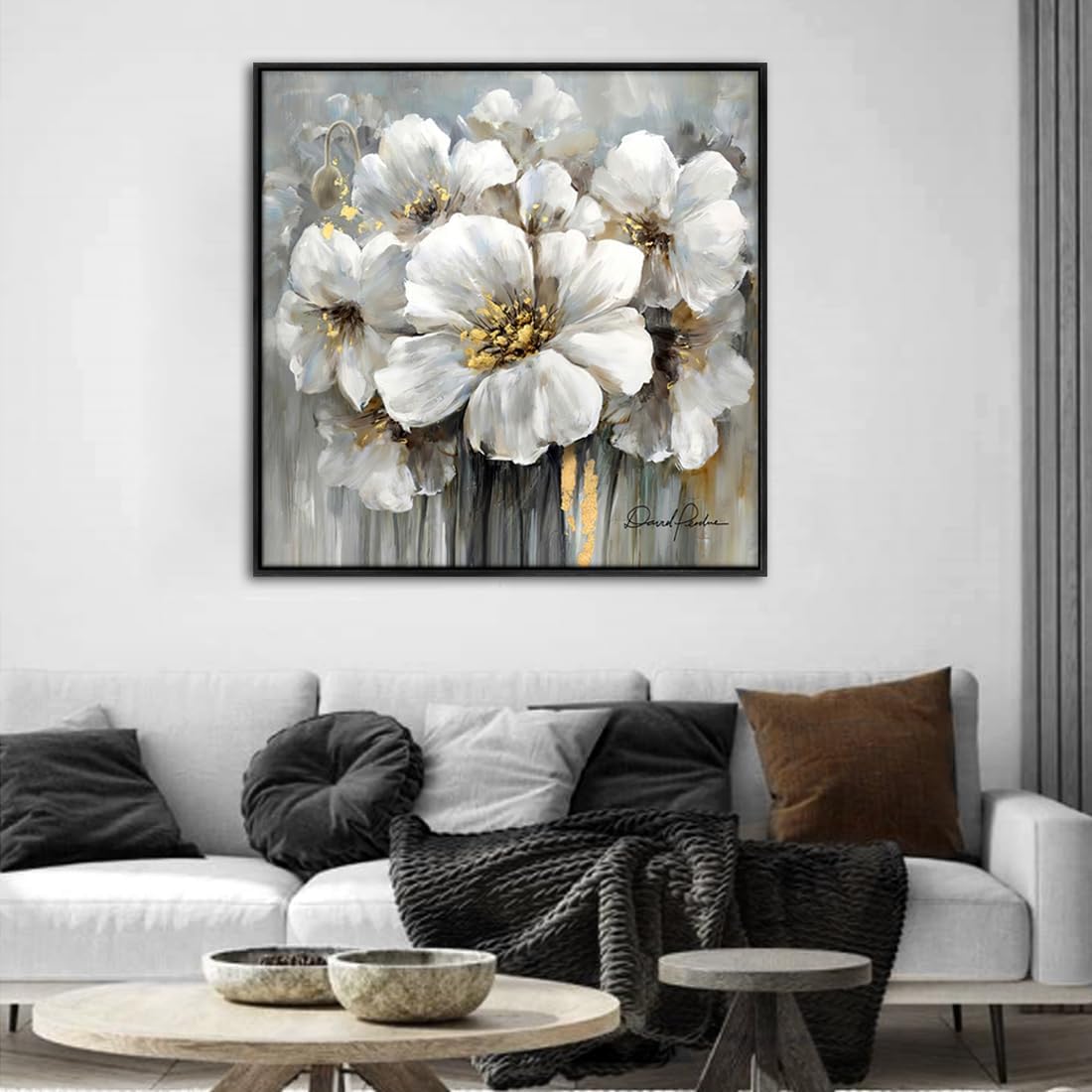 Living Room Flowers Wall Art White and Gray Floral Pictures with Gold on Canvas for Home Decor Framed 36" x 36", Solid Wood Framed