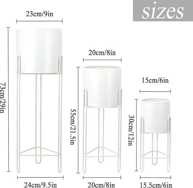 TRIROCKS Set of 3 Planters with Stand Indoor Otdoor Tall Planters for Indoor Plants 29 &22 &12" Morden Planters Flower Pots for Living Room Corner Kitchen Office Garden Balcony Patio Decor(White)