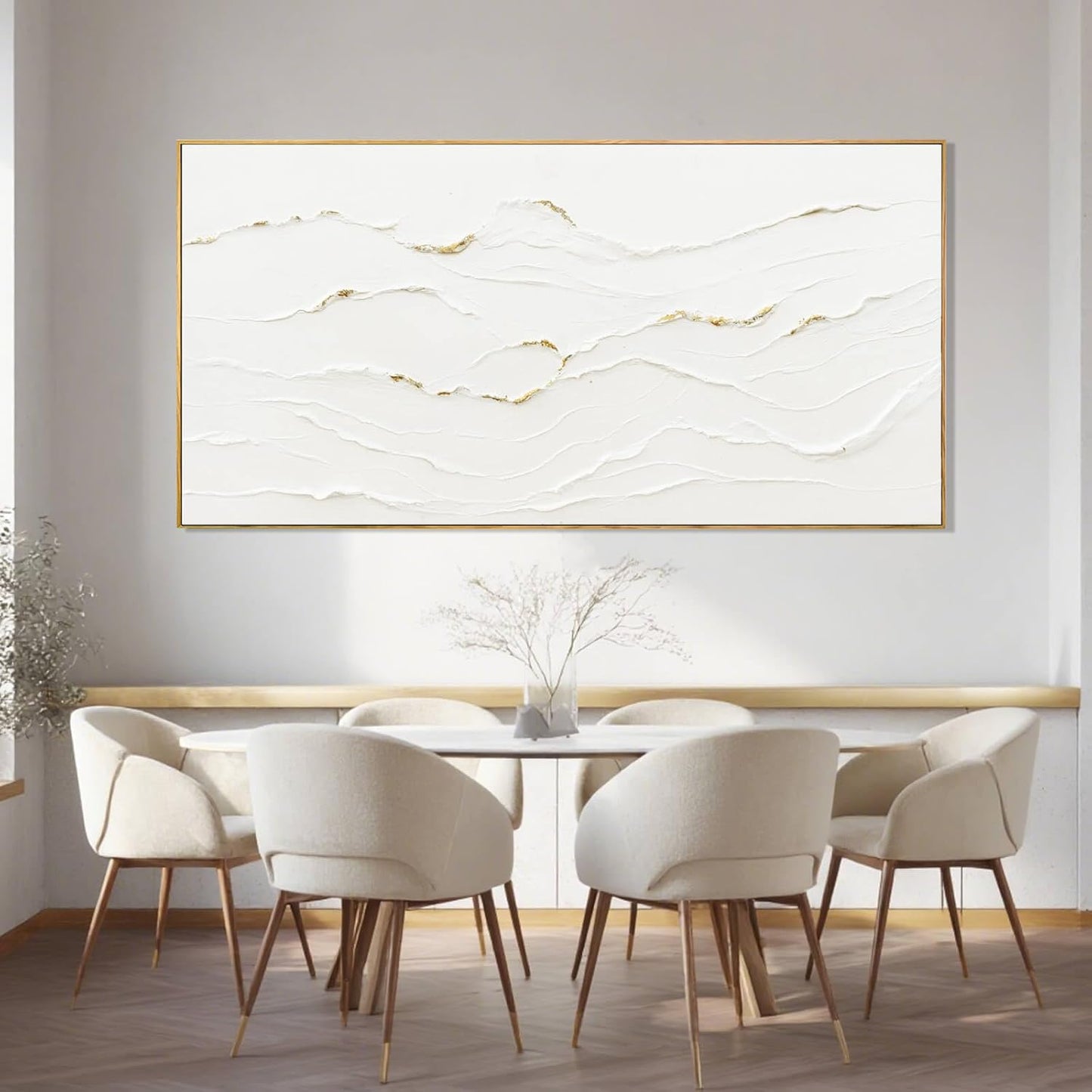 Large Wavy Line White Abstract Wall Art with Frame Minimalist Modern Hand drawn Painting Textured Poster for Living Room Dining Room Bedroom Decor 29"x58"