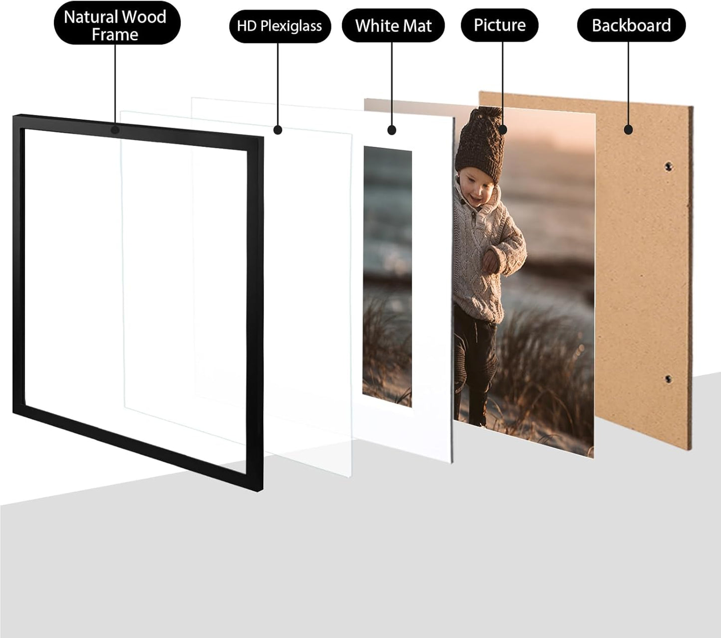 KINLINK 14x14 Picture Frame, Black Square Solid Wood Frames for Pictures 8x8 with Mat or 14x14 without Mat, Wall Display Photo Frames Black 4 Pack