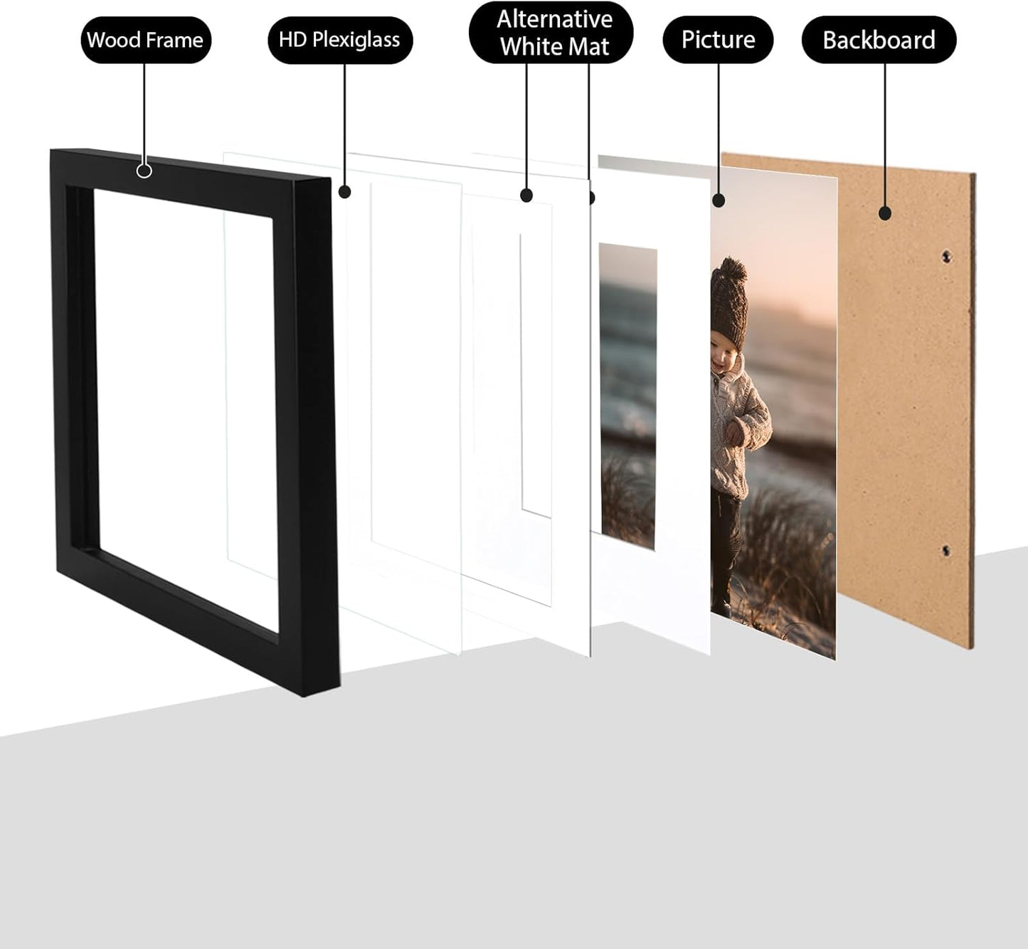 KINLINK 8x8 Picture Frame, Black Square Solid Wood Frames for Pictures 4x4 and 6x6 with Mat or 8x8 without Mat, Wall and Tabletop Display Photo Frames Black 4 Pack