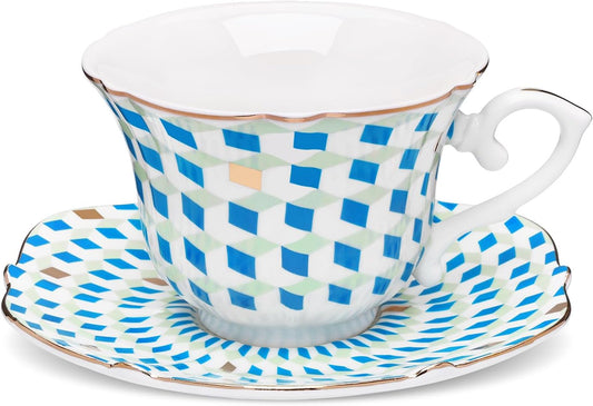 fanquare 6 oz Modern Tea Cup and Saucer Set with Spoon, Blue and White Geometric Pattern Porcelain Coffee Cup, Classic Teacup for Women Tea Party