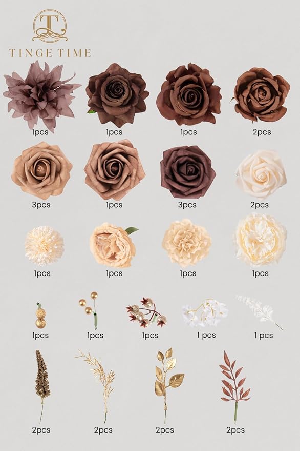 TINGE TIME Silk Fake Flowers Combo, Fake Foam Roses with Stems for DIY Wedding Bouquets Centerpieces Baby Shower Party Home Decorations(Brown & Nude Color)