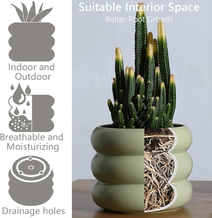 3 Piece Modern Ceramic Planter, 6.5/4.7/3.5 Inch Green Plant Pot Set of 3 Unique Planters for Outdoor Indoor Flower Pots Plants with Drainage Holes Home & Office Decor with Mesh Pad