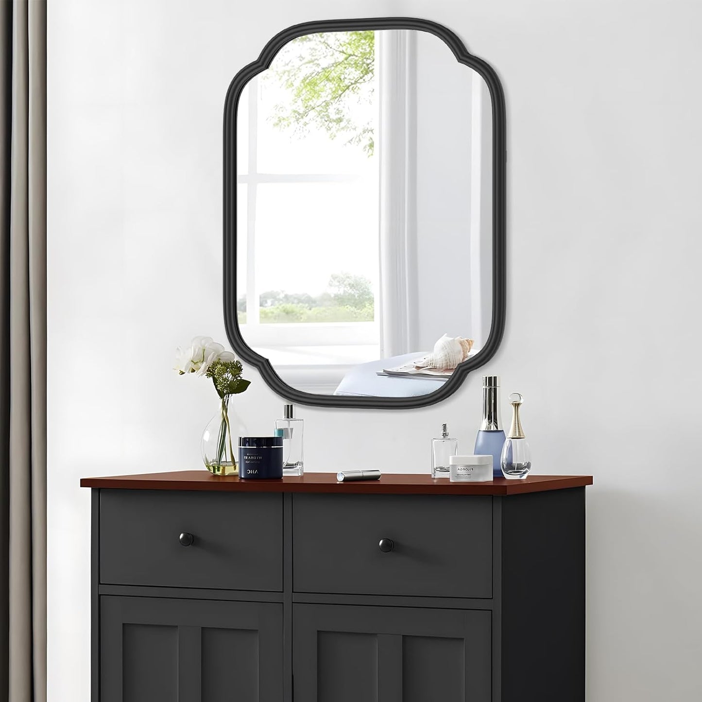 Black Bathroom Mirror for Wall, 18" x 24" Rectangular Wall Mirror for Bathroom Metal Frame Farmhouse Rounded Corner Wall Mirror (Horizontal/Vertical)