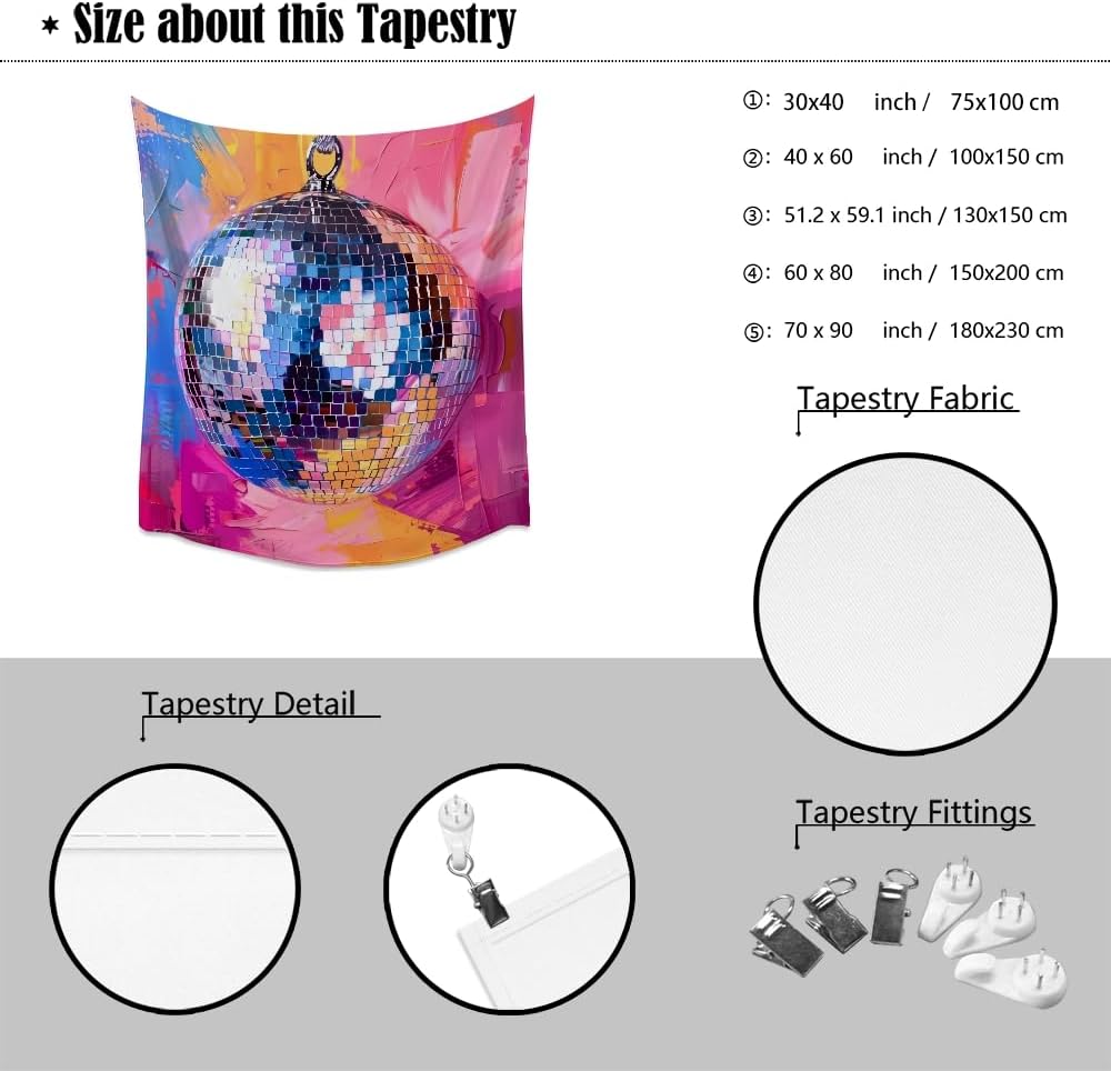 Medpol Vibrant Disco Ball Tapestry, Pop Art Colorful Abstract Wall Hanging Groovy Disco Aesthetic Tapestry Retro Neon Party Decor for Bedroom Living Room 60x90inch