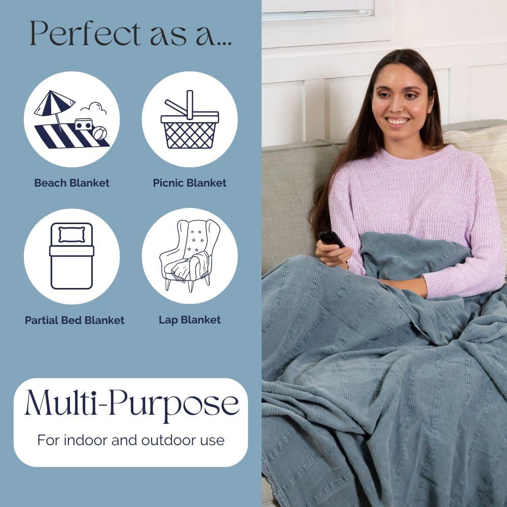 InfuseZen Large Stonewashed Turkish Throw Blanket - 100% Organic Turkish Cotton - 92" x 69" - Soft, Lightweight, Cozy - Love Seat, Sofa, Bed, Picnic, Yoga - Sand Free Beach Blanket - Denim