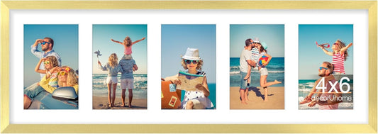 decorUhome 8x24 Picture Frames Collage Wall Decor, Display 5Pcs 4x6 Photos with Mat or 1Pcs 8x24 Unmatted, 5 4x6 Collage Picture Frames for Wall Mounting, Gold
