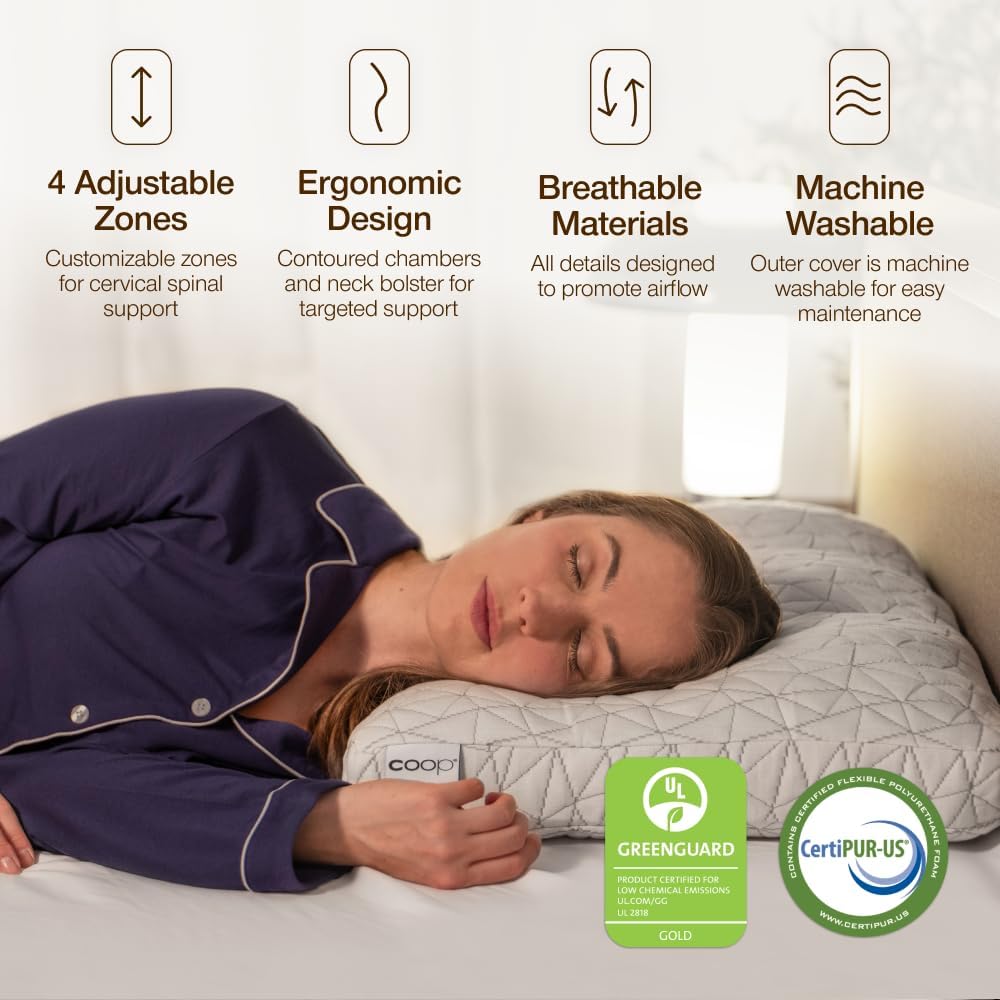 Coop Home Goods Adjustable Orthopedic Pillow Queen, Ergonomic Cervical Neck Support, Memory Foam Pillows for Side & Back Sleepers, Breathable, Washable Cover, GREENGUARD & CertiPUR-US Certified