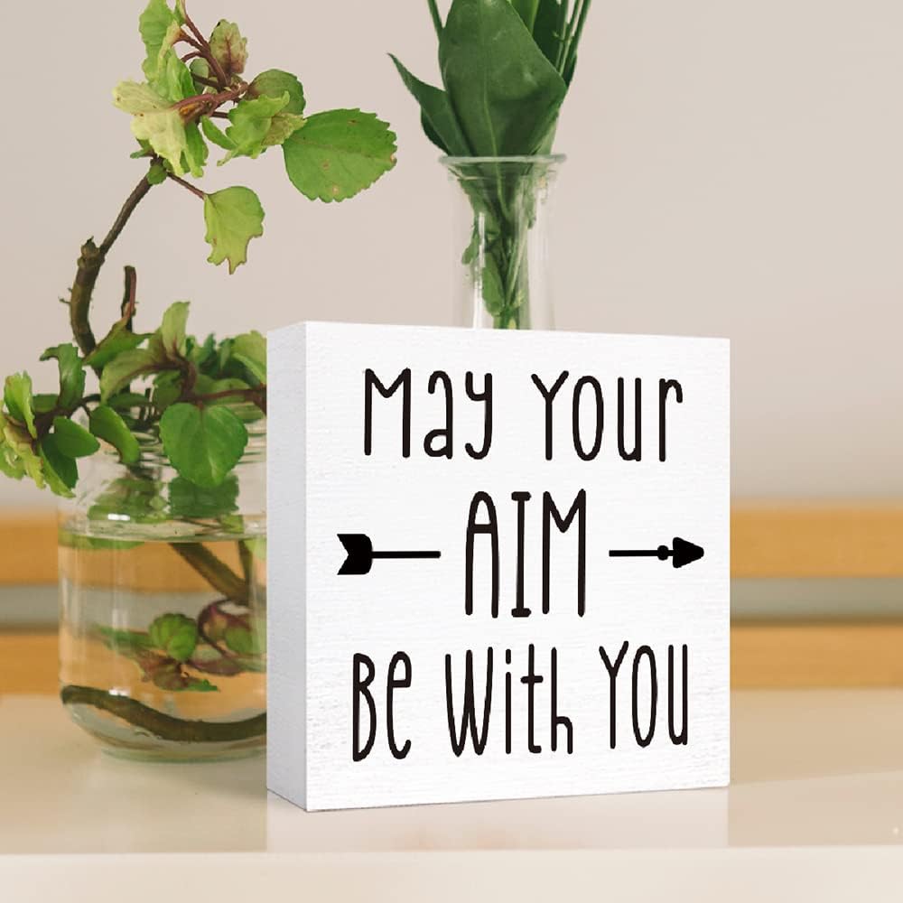 Funny Bathroom Wood Sign May Your Aim be with You Wood Block Sign for Bathroom Shelf Toilet Restroom Home Tabletop Desk Decor,Farmhouse Bathroom Wooden Box Sign