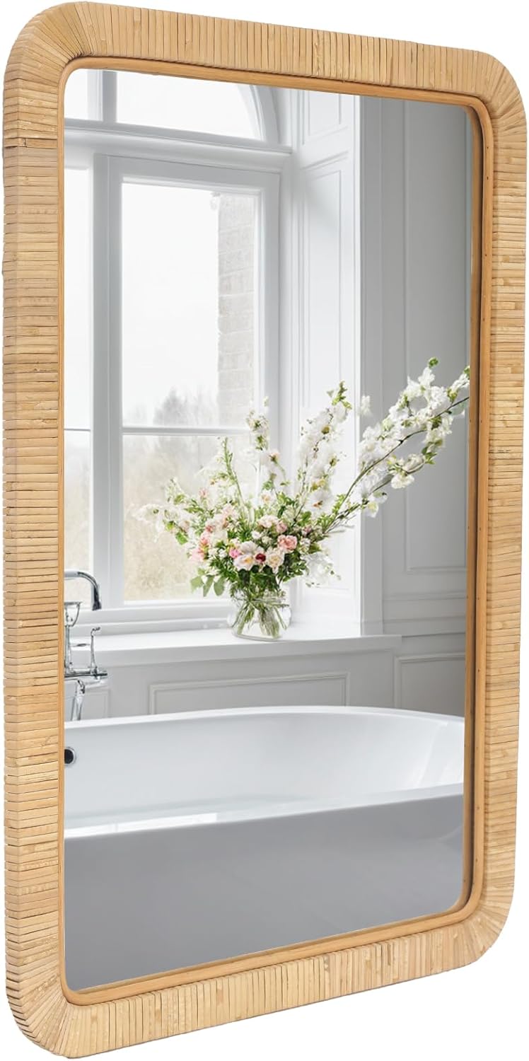 FUIN 20" x 30" Rattan Wicker Rectangle Wall Mounted Bathroom Mirror for Coastal Boho Nursery Decor, Natural