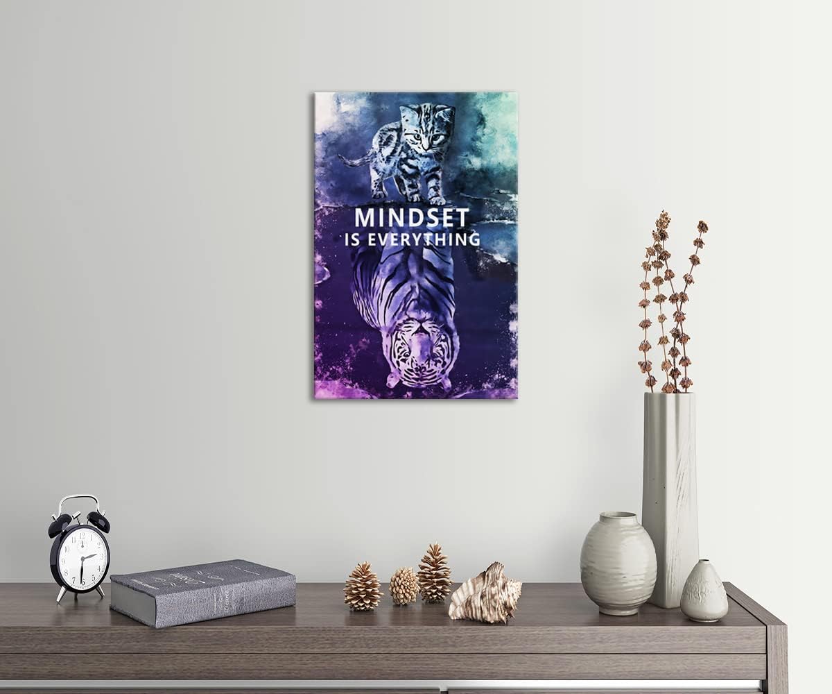 Mindset is Everything Inspirational Canvas Wall Art Small Cat Big Tiger Picture Prints Poster Modern Motivational Painting Artwork Home Office Wall Decorations Framed Ready to Hang[12"W X 18"H]