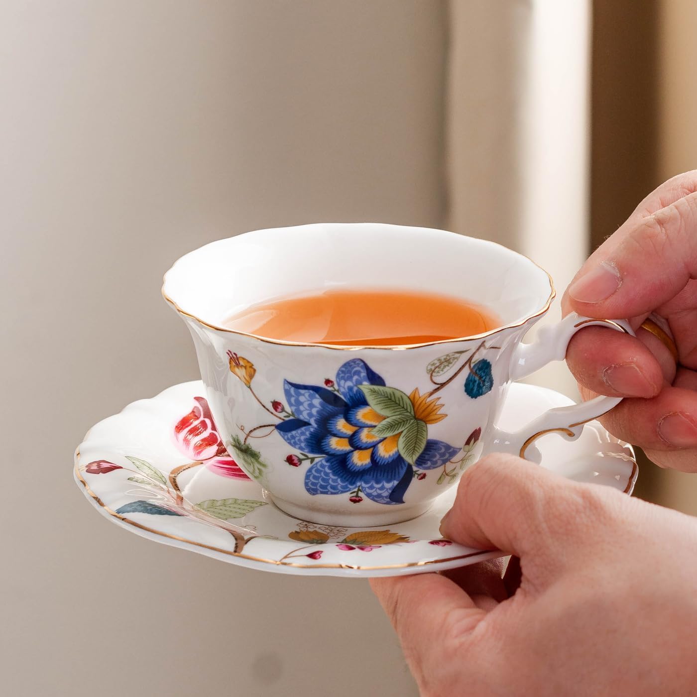 Jomop Ceramic Tea Cups Coffee Cup and Saucers Set of 4 (Blue and Red)