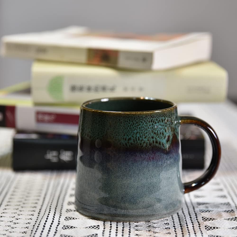 Large Ceramic Coffee Mug, Pottery Mug,Tea Cup for Office and Home,Handmade Pottery Coffee Mugs,16.5 Oz,Dishwasher and Microwave Safe,kiln altered glaze craft (Dark Green)