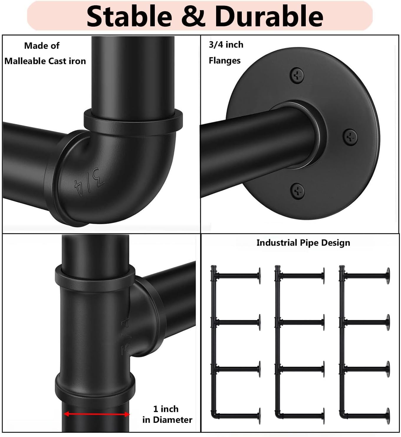 Industrial Pipe Shelf Brackets Wall Mount, Open Black Pipe Shelving for Kitchen,Floating Shelf Brackets Mount,Open Bookshelf Brackets for Shelves,Wall Shelves 12 Inch Deep,(2PcsX3Tier,47" Tal)