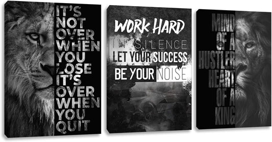 Large Motivational Canvas Wall Art 3 Pieces Lion Poster Inspirational Positive Wall Art Quotes Success Canvas Picture Print Artwork Framed for Home Office Room Gym Workplace Wall Decor (72''Wx 36''H)