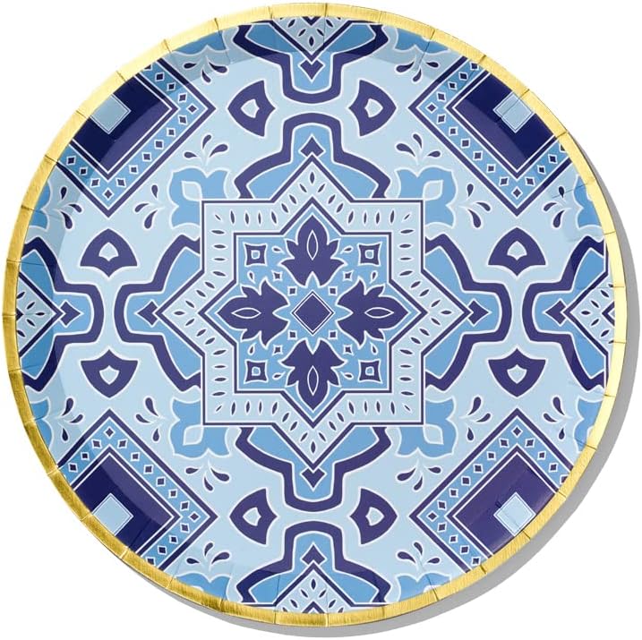 Coterie Blue and Gold Paper Plates (Set of 10 Large plates) – Moroccan Paper Plates, Navy Paper Plates, Nice Paper Plates for Wedding, Bridal Shower, Dinner Party | 9.25” Fancy Paper Plates