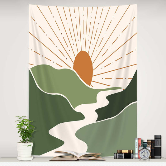 DYNH Boho Mountain Sun Vertical Tapestry, Sunset Sunrise Abstract Nature Landscape Tapestries, Aesthetic Minimalist Wall Hanging for Bedroom College Dorm Asthetic Home Decor,60X80IN