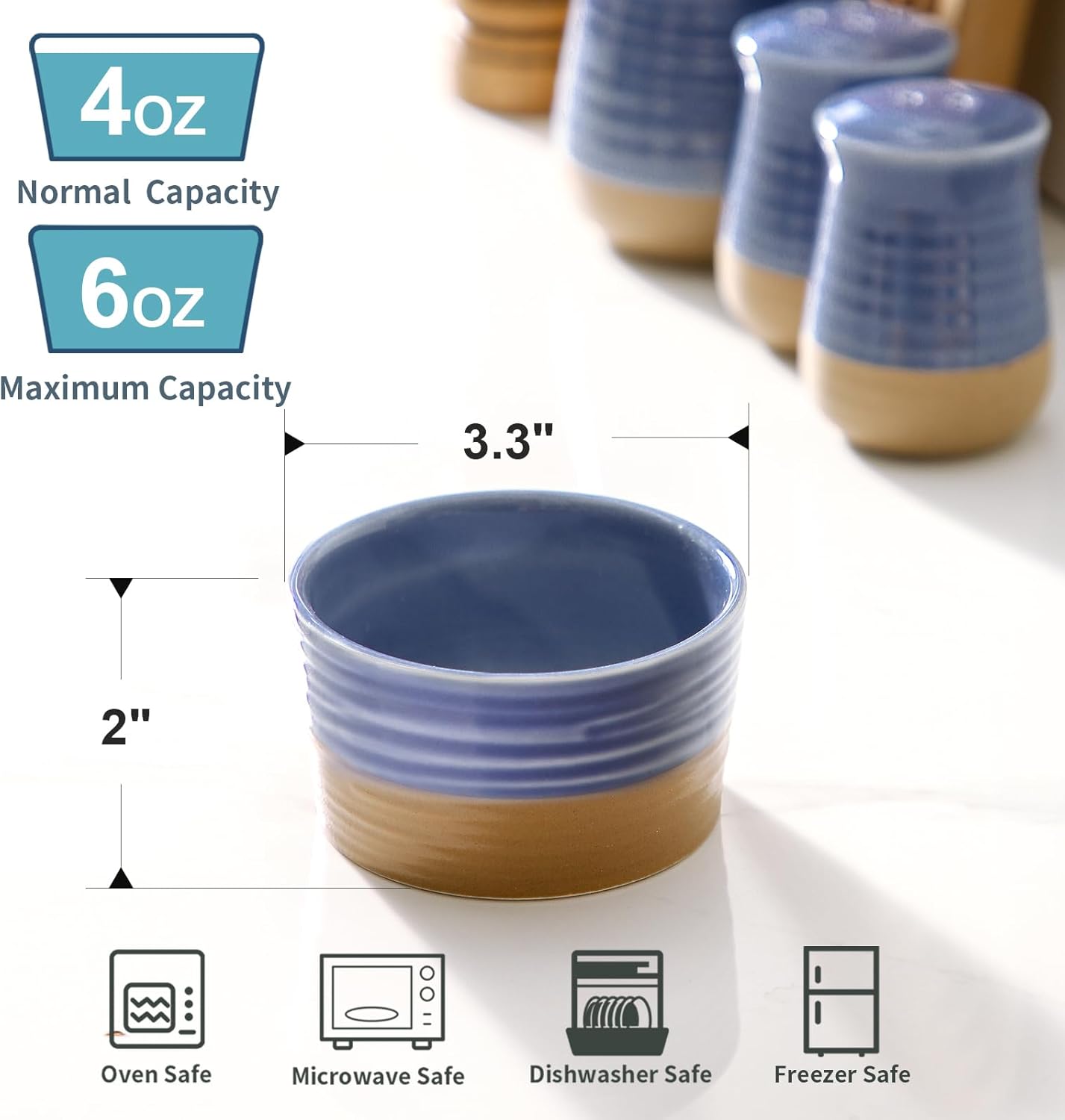 Hasense Ramekins, 6 oz, Ceramic, Blue, Set of 6, Oven Safe, Dishwasher Safe