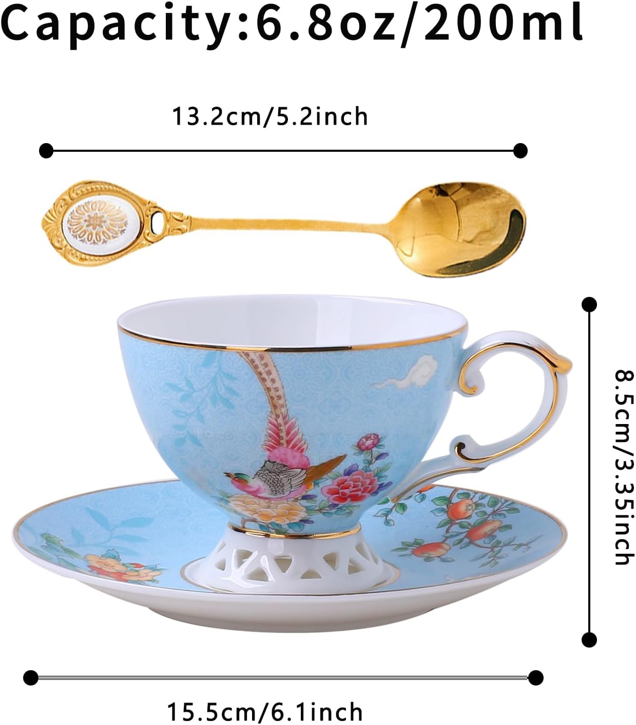 Blue Tea Cup and Saucer Set, Bone China Tea Cup and Saucer with Spoon, Porcelain Floral Teacup Set with Gold Trim, Dishwasher Safe, Food Grade, Gift for Women, Mom, Friends, 6.8 oz