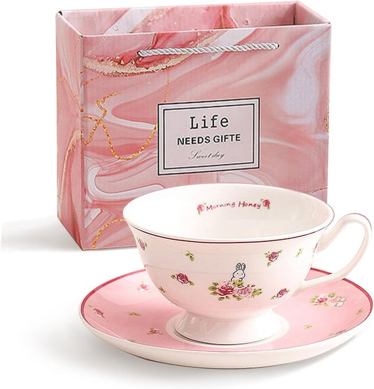 fanquare Cute Ceramic Cups with Pink Saucer, 6oz Rose Rabbit Coffee Mug, Single Elegant Tea Cup Set for Women Gift