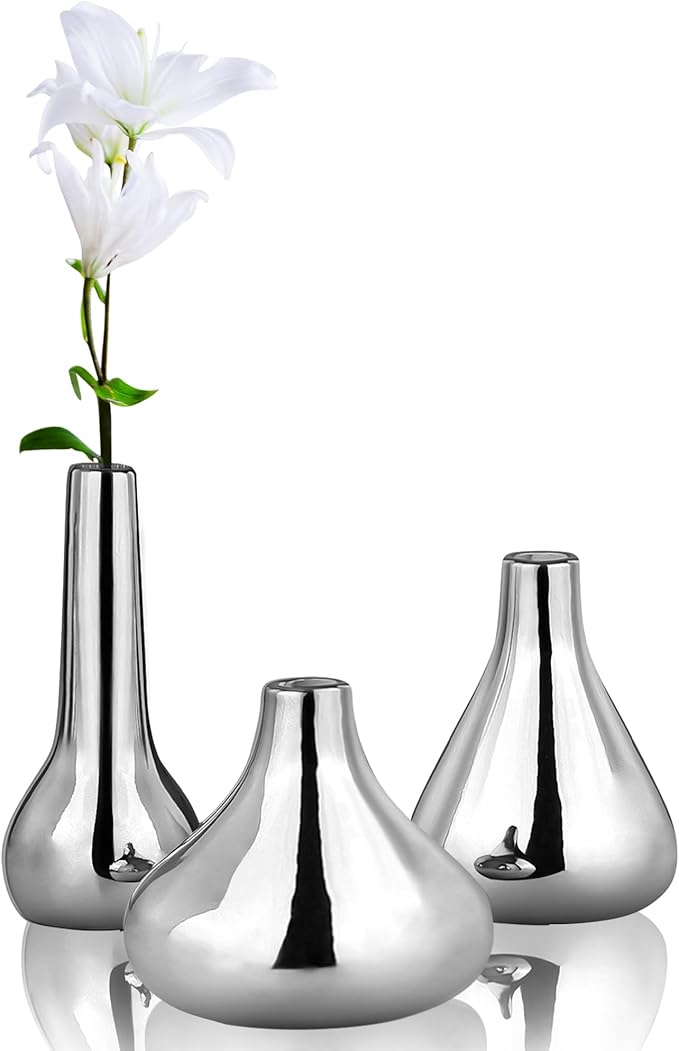 Silver Vases (Set of 3) by Port&Petal – Small Bud Vases 3.5-5” Tall with Reflective Finish | Silver Home Decor, Accent for Living Room, Table Decor, Wedding Table Centerpiece Decoration