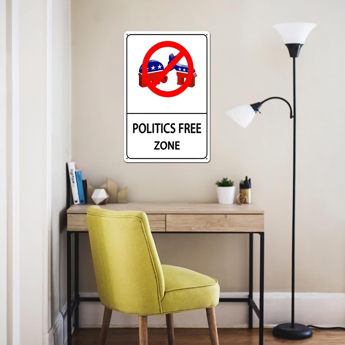 No Politics Zone Metal Sign - Politics Free Zone Wall Art for Home, Office, or Workplace, No Political Talk Sign, 8"x12" Tin Poster