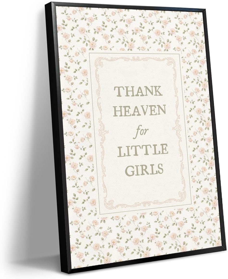 Girl Nursery Canvas Wall Art, Thank Heaven for Little Girls Quotes Poster, Farmhouse Floral Pattern Pastel Pink Wall Print, Flowers Green Botanical Picture for Kids Bedroom 24x36in Unframed