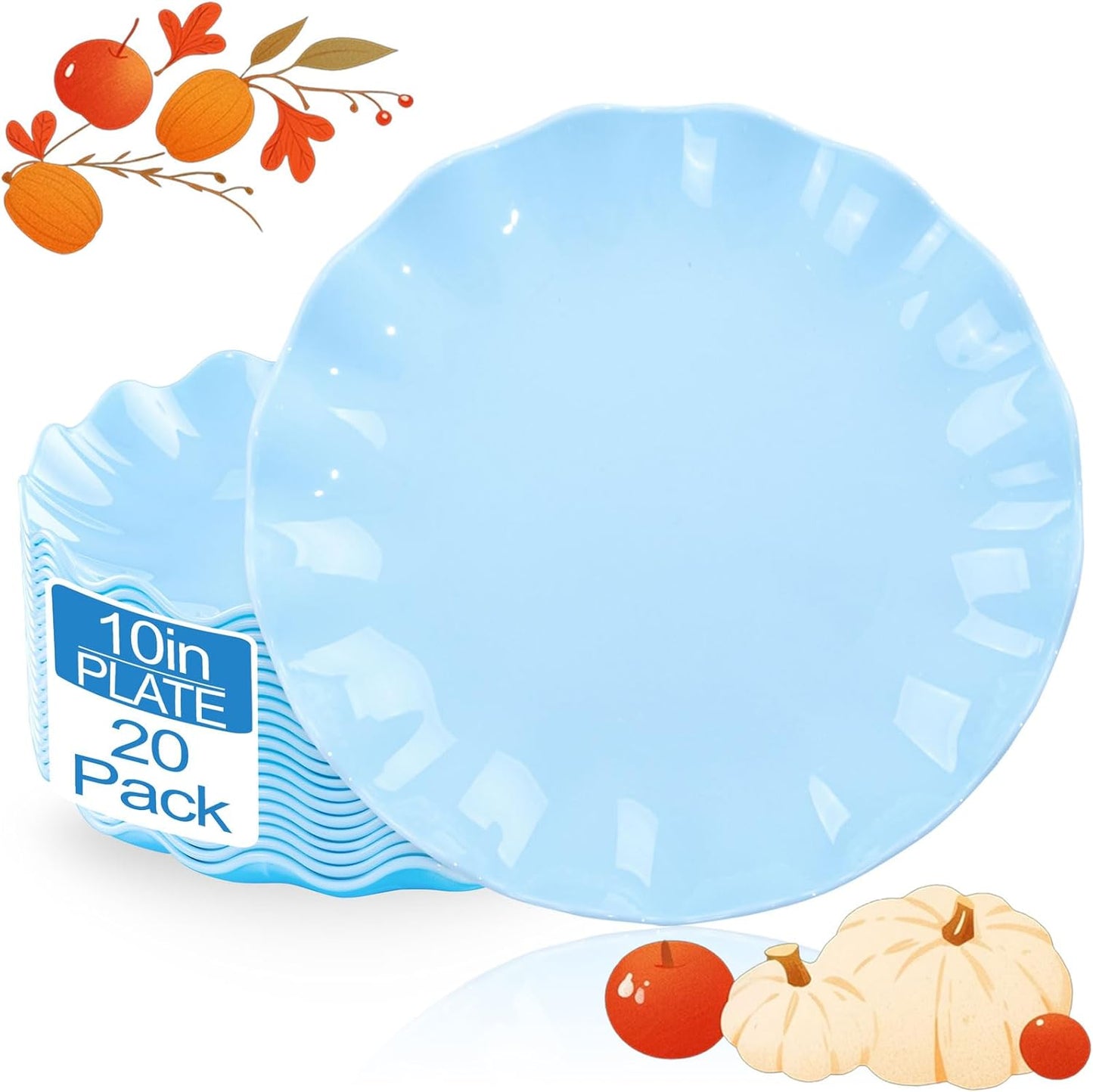 LIYH 20 Pcs 10 Inch Light Blue Plastic Plates Reusable - Unbreakable Scalloped Dinner Plates for Baby Shower Party Outdoor Picnics Dishwasher Safe BPA Free