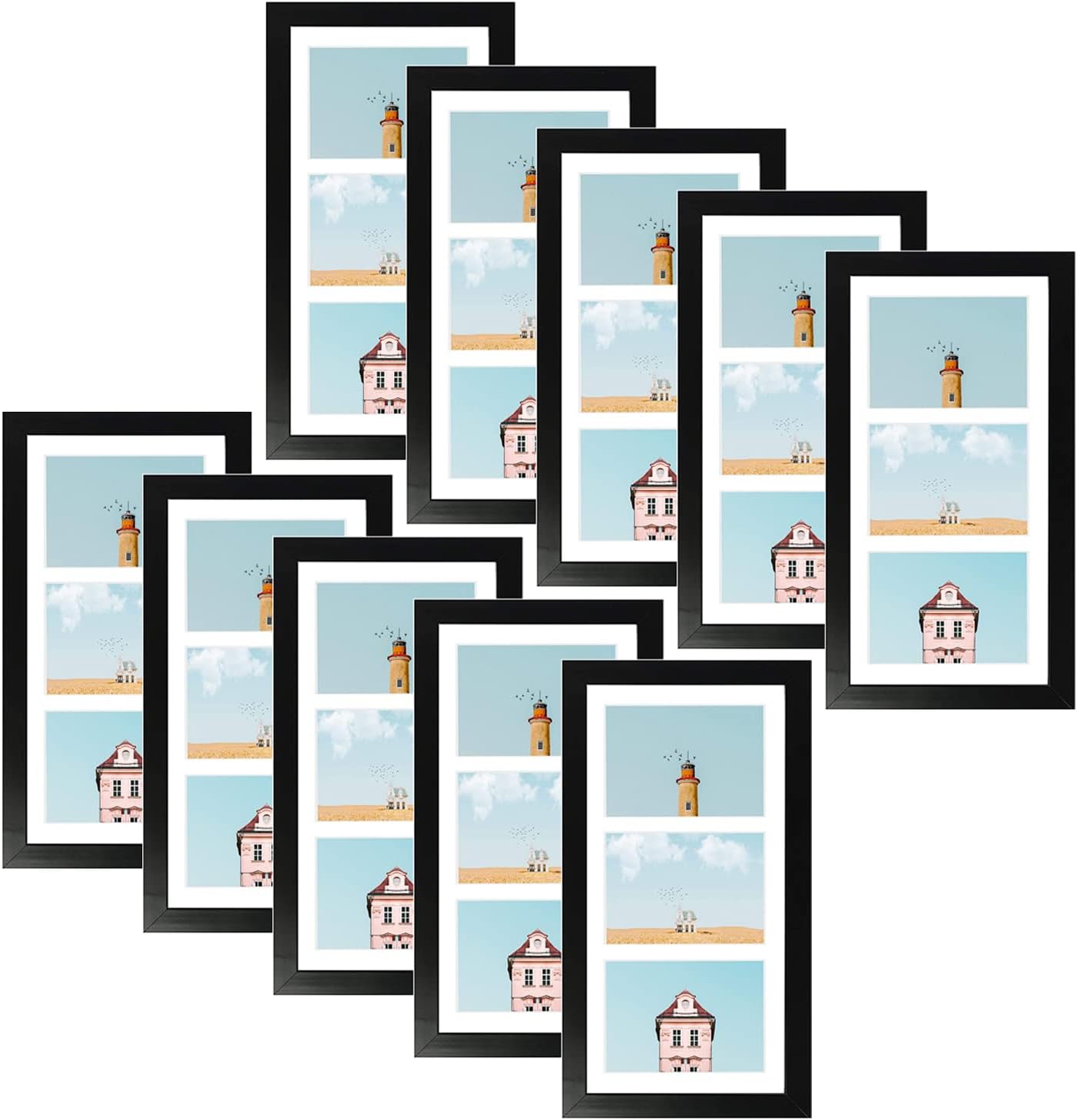 Golden State Art, Set of 10, 7x14 Black Photo Wood Collage Frame with Mat Displays (3) 4"x6" Pictures