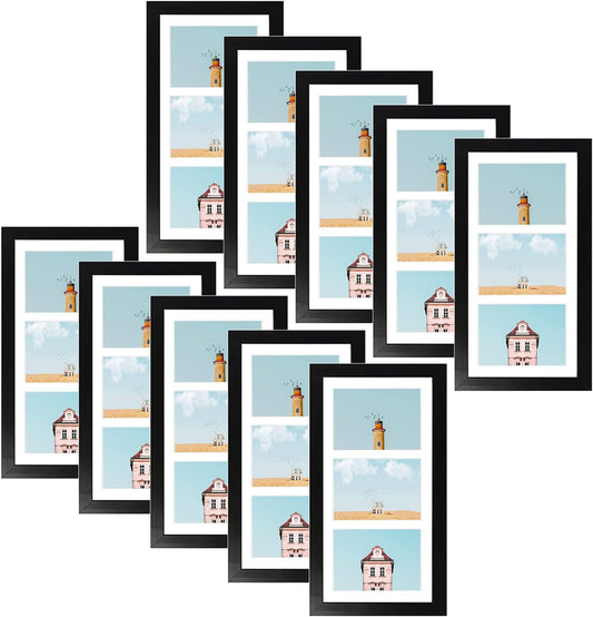 Golden State Art, Set of 10, 7x14 Black Photo Wood Collage Frame with Mat Displays (3) 4"x6" Pictures
