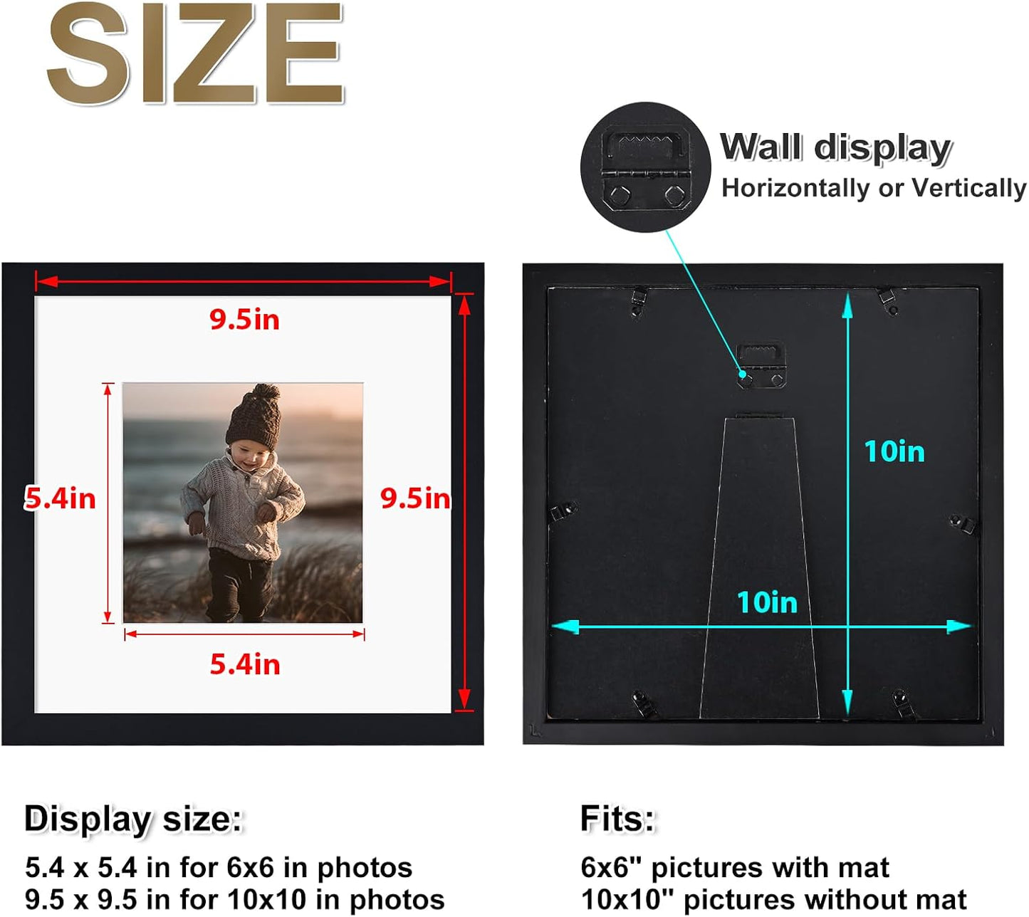 KINLINK 10x10 Picture Frame, Black Square Solid Wood Frames for Pictures 6x6 with Mat or 10x10 without Mat, Wall and Tabletop Display Photo Frames Black 4 Pack