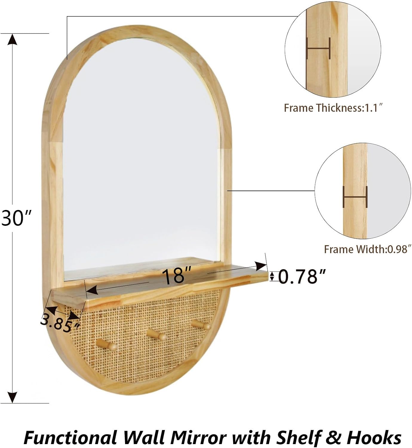 Entryway Mirror with Hooks, 30x18 Inch Boho Wall Mirror with Removable Shelf, Oval Solid Wood Framed, Handmade Rattan Wall Mirror for Over Sink, Bathroom, Bedroom, Living Room, Hallway, Vanity